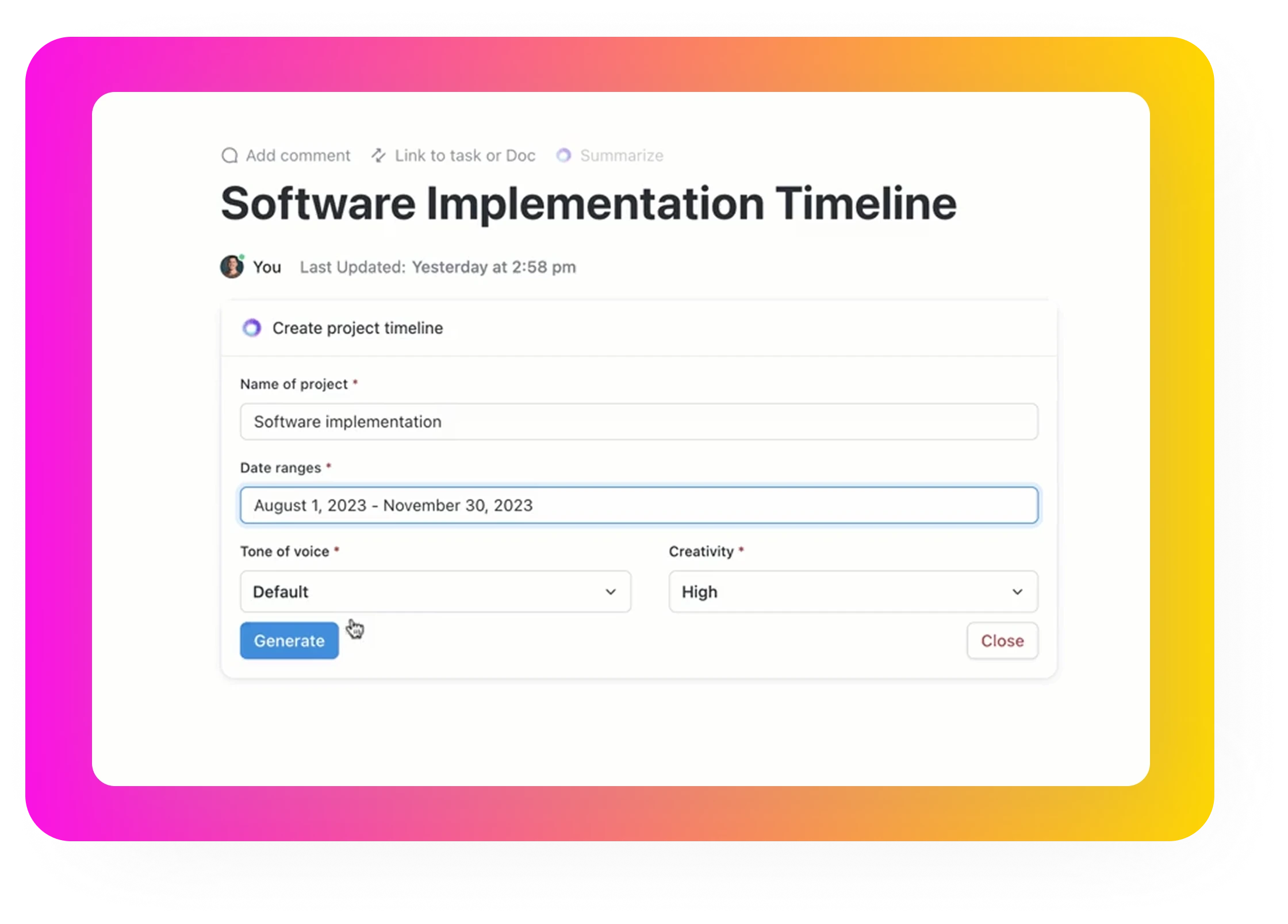 Lacak proyek Anda dengan cepat dengan ClickUp AI